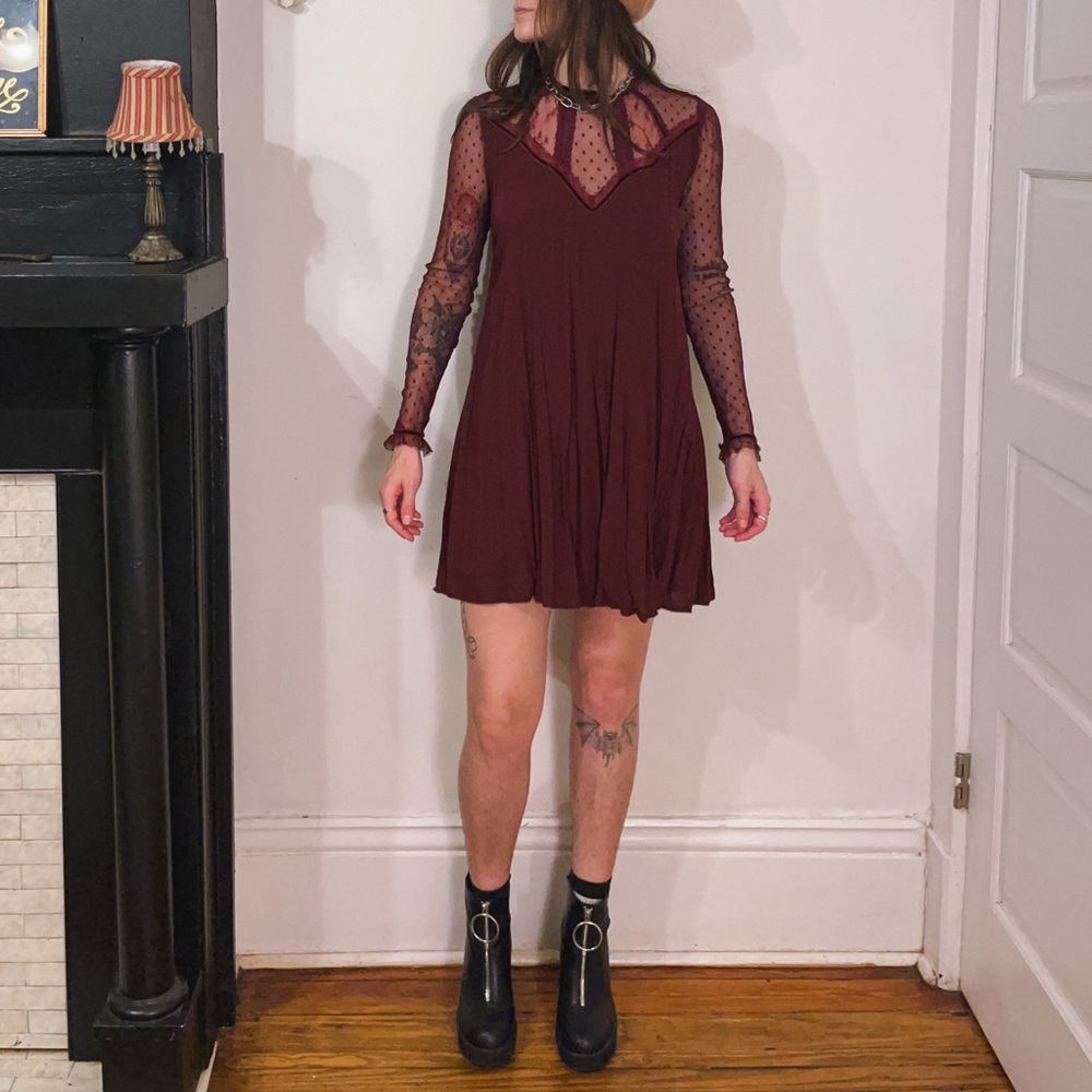 Burgundy Sheer Long Sleeve Dress with Polka Dots and Velvet Trim